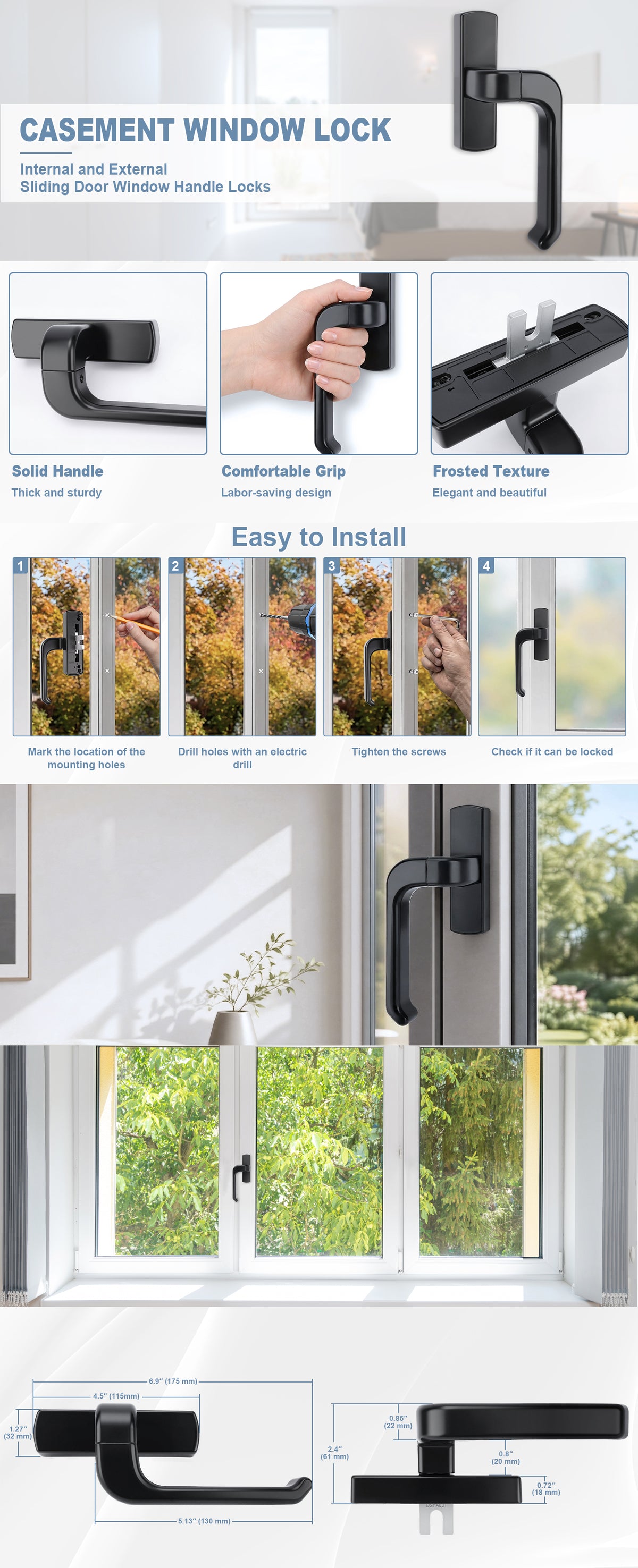 A composite product information graphic for a black casement window lock. The layout includes a large product render of the handle, feature callouts such as solid handle, comfortable grip, and preset texture, installation examples with before/after window shots, and a dimension diagram.