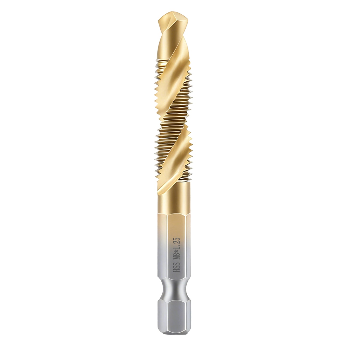 Gold and silver drill bit on a white background