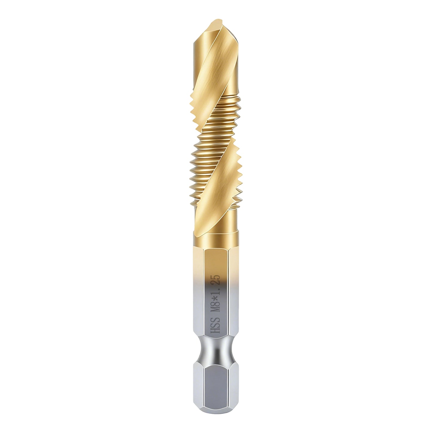 Gold and silver drill bit on a white background