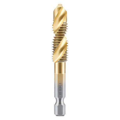 Gold and silver drill bit on a white background