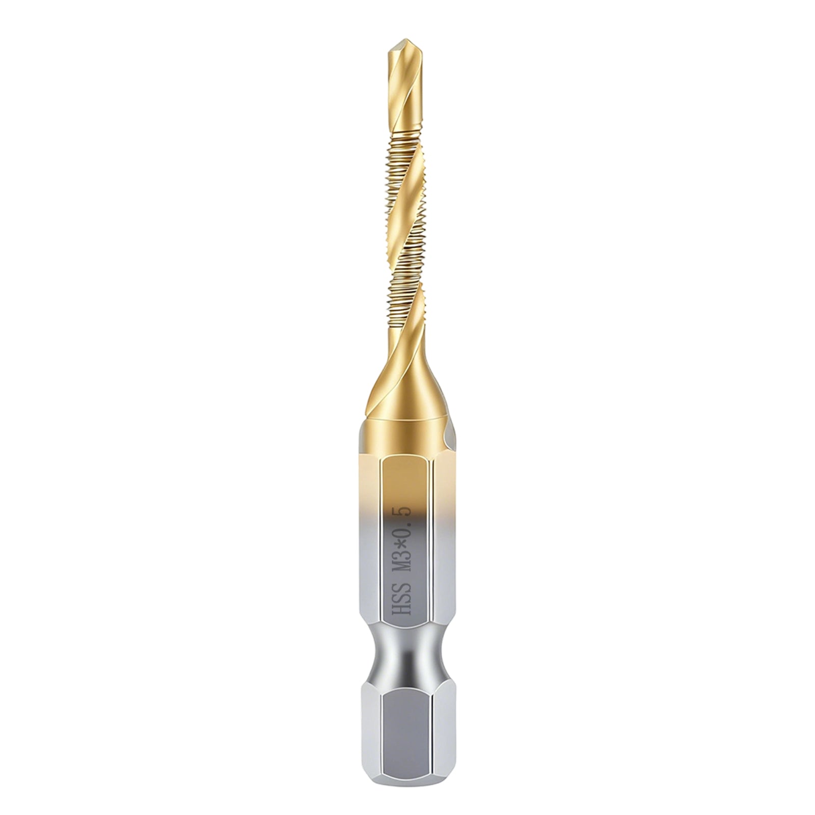 Gold and silver drill bit on a white background