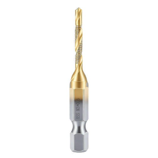 Gold and silver drill bit on a white background