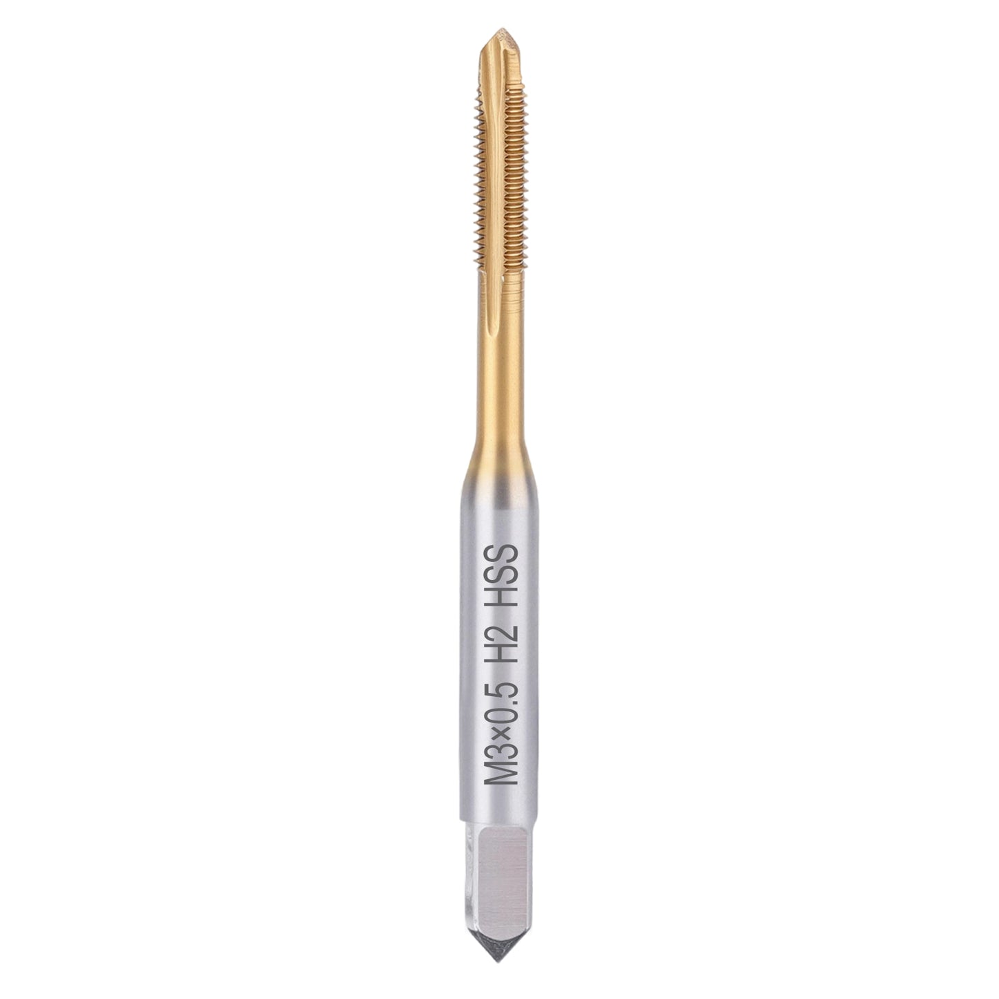 Metal drill bit with gold and silver finish on a white background
