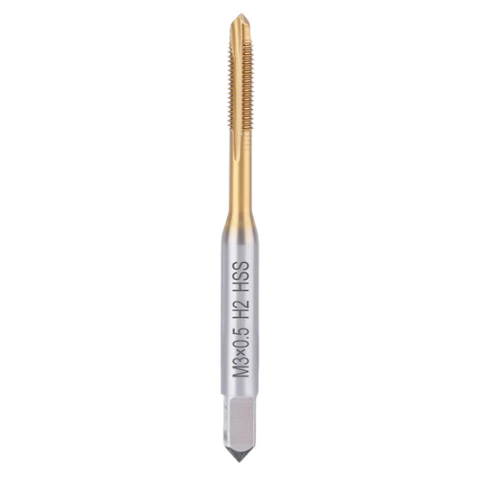 Metal drill bit with gold and silver finish on a white background