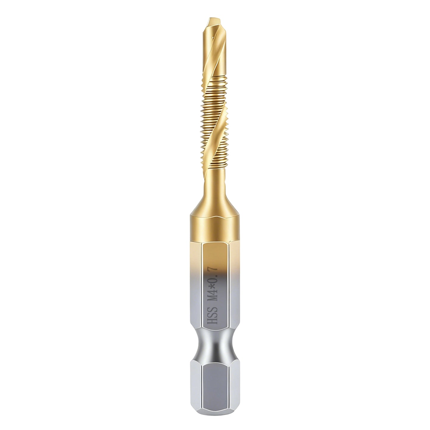 Gold and silver drill bit on a white background