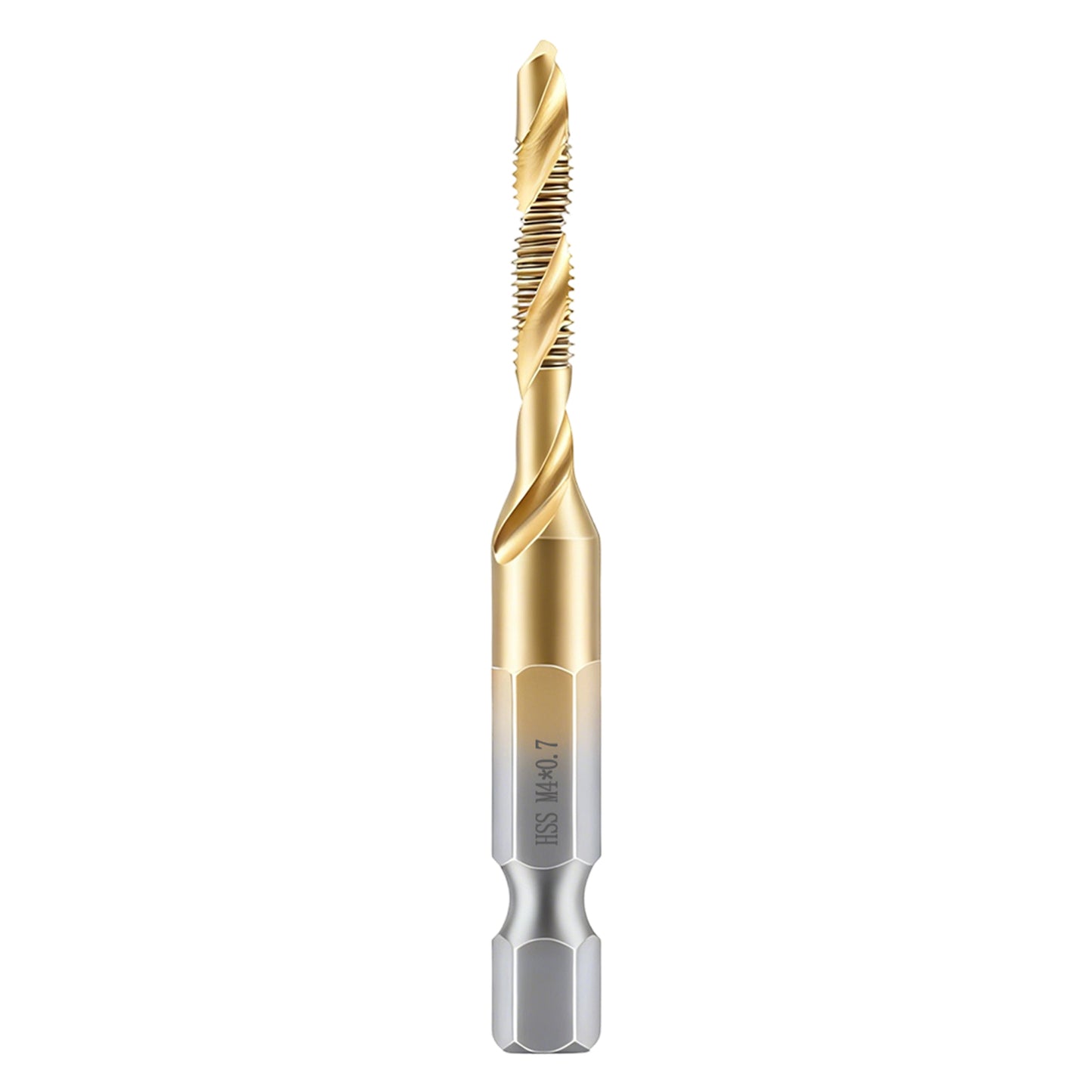 Gold and silver drill bit on a white background