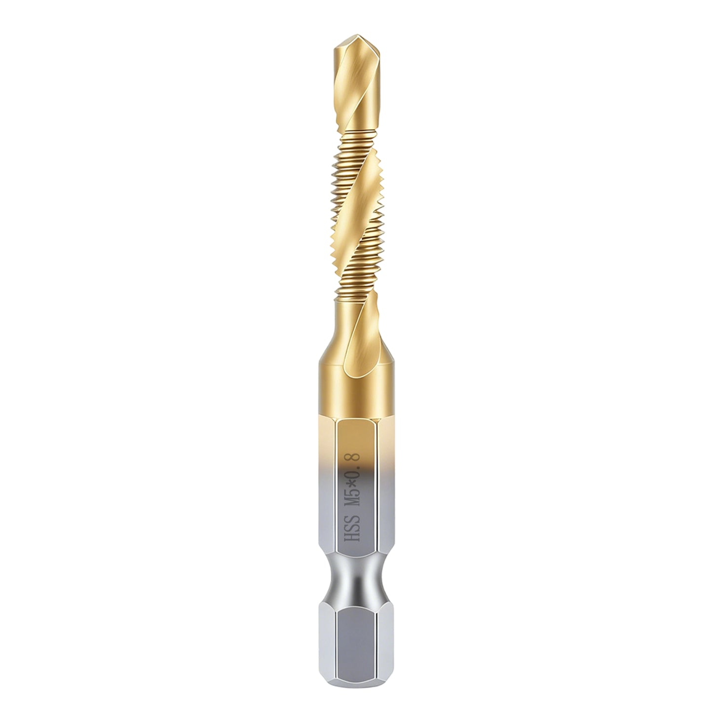 Gold drill bit with silver base on a white background