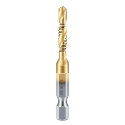 Gold drill bit with silver base on a white background