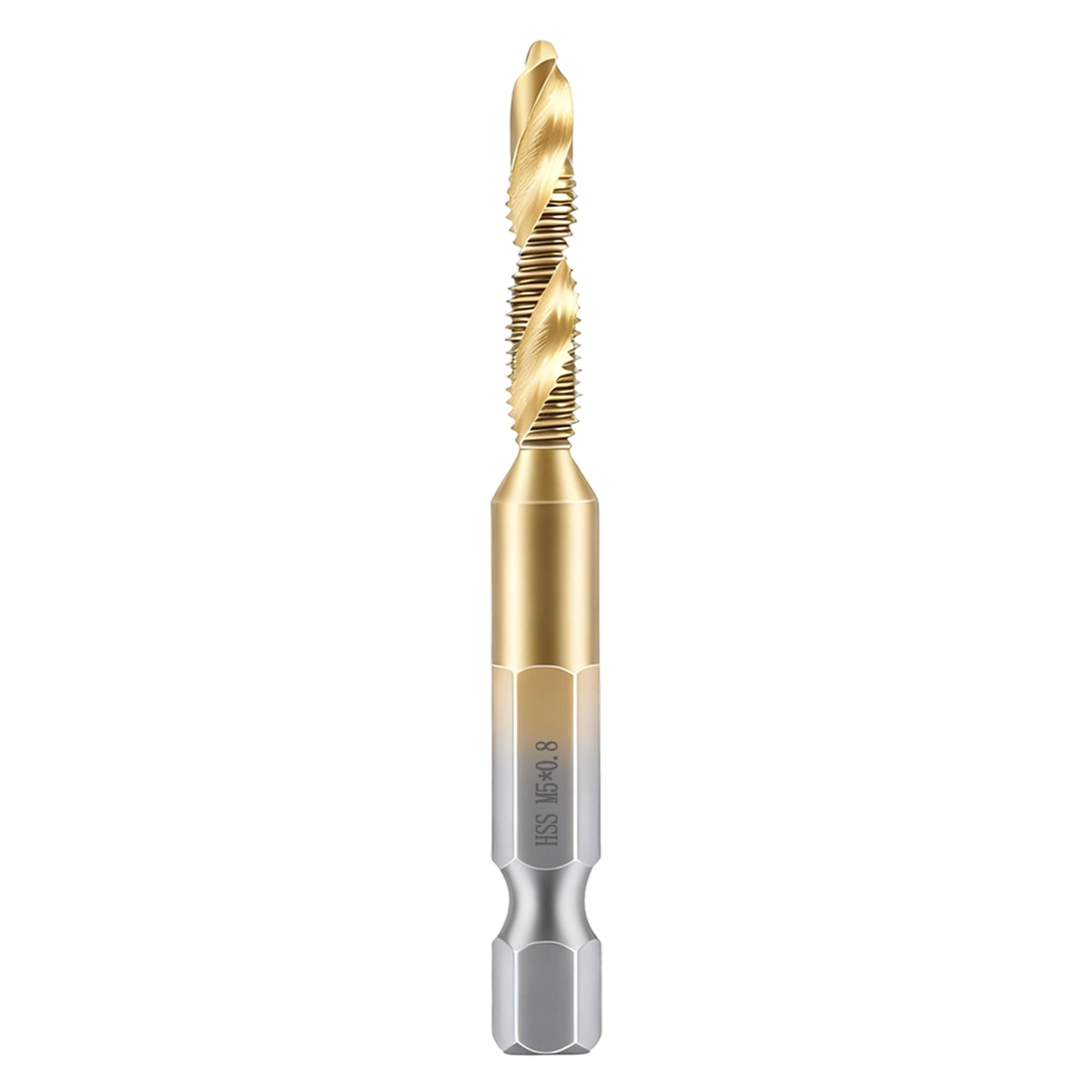 Gold and silver drill bit on a white background