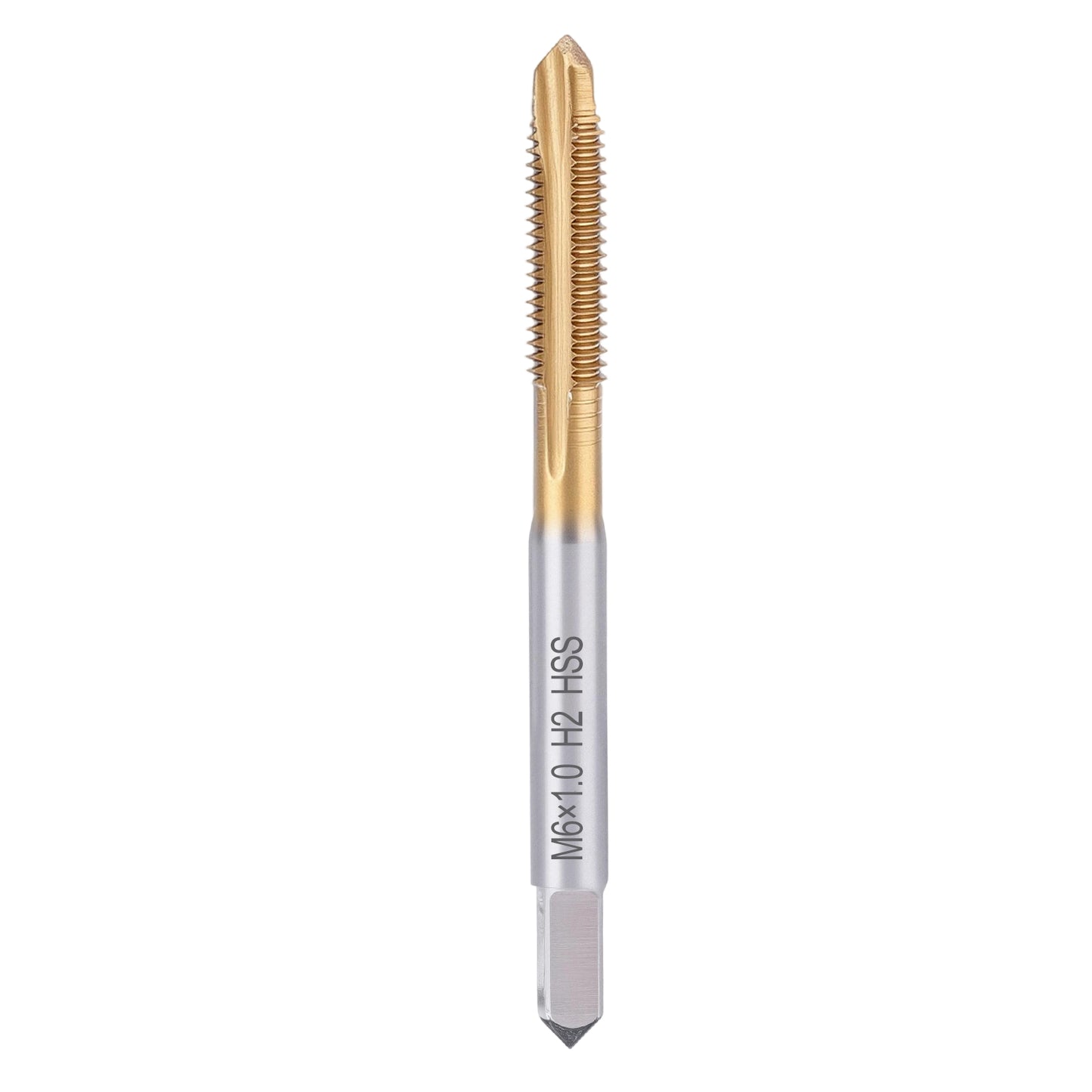 Thread cutting drill bit with gold and silver design on a white background
