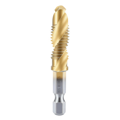 Gold and silver drill bit on a white background