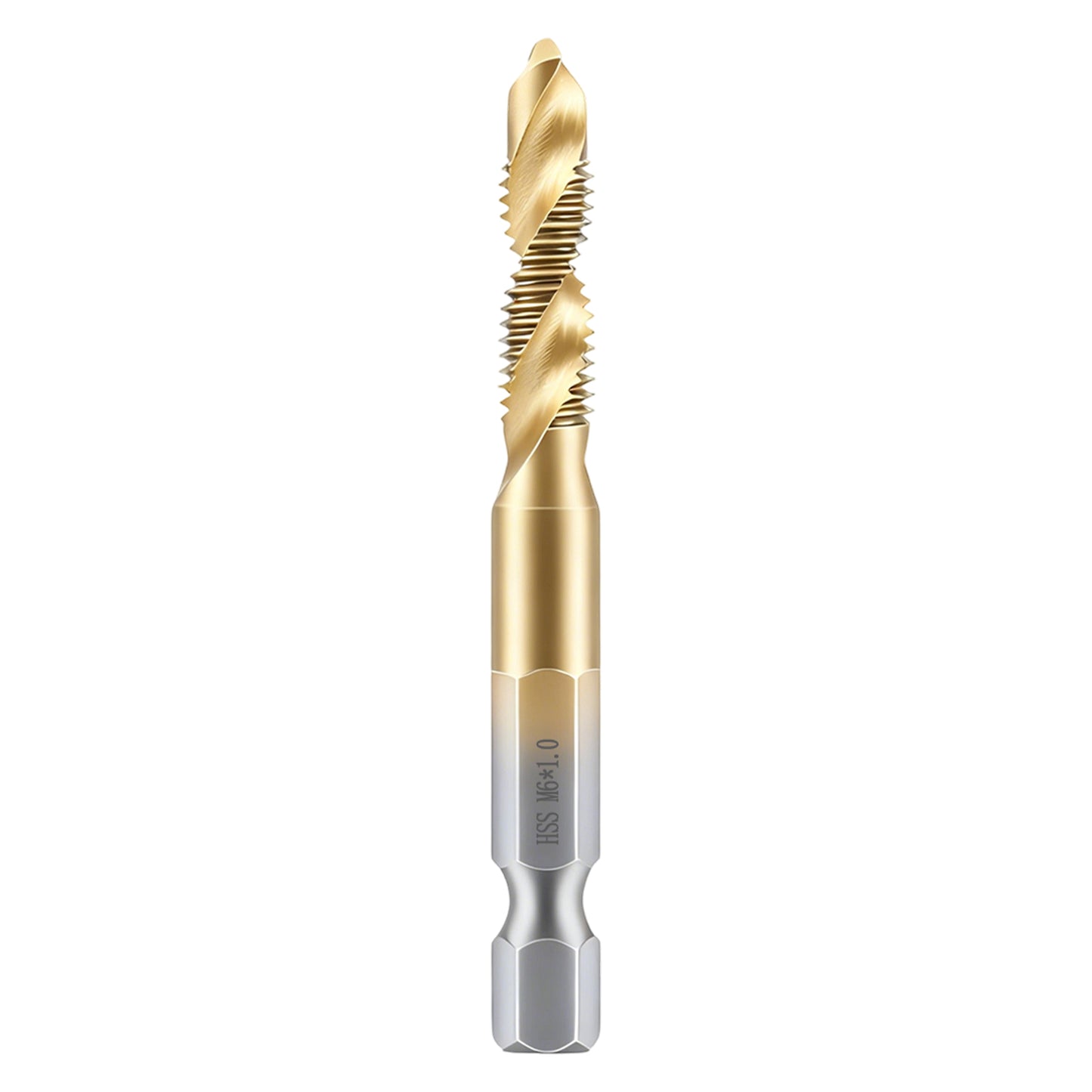 Gold and silver drill bit on a white background