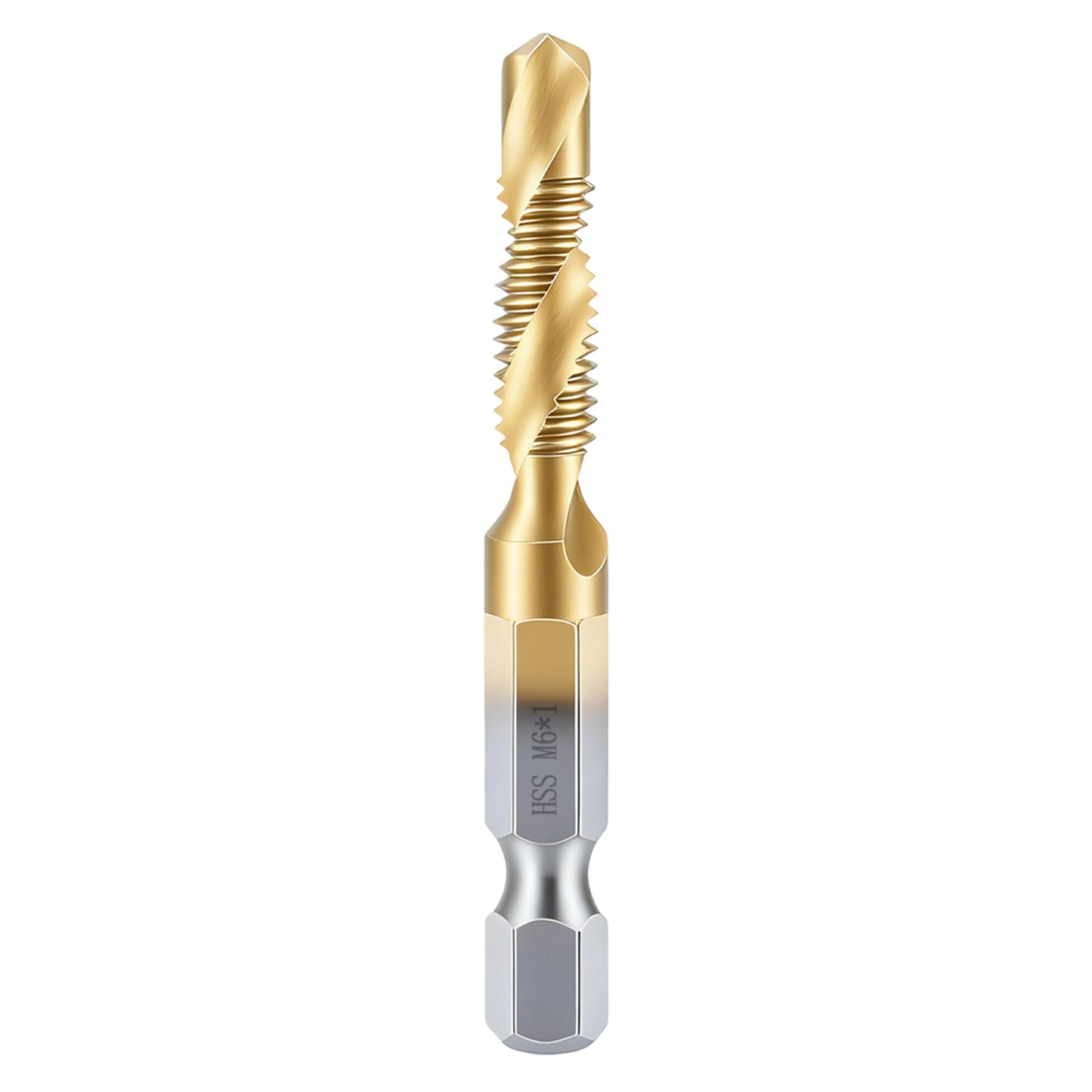 Gold and silver drill bit on a white background