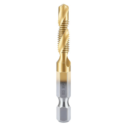 Gold and silver drill bit on a white background