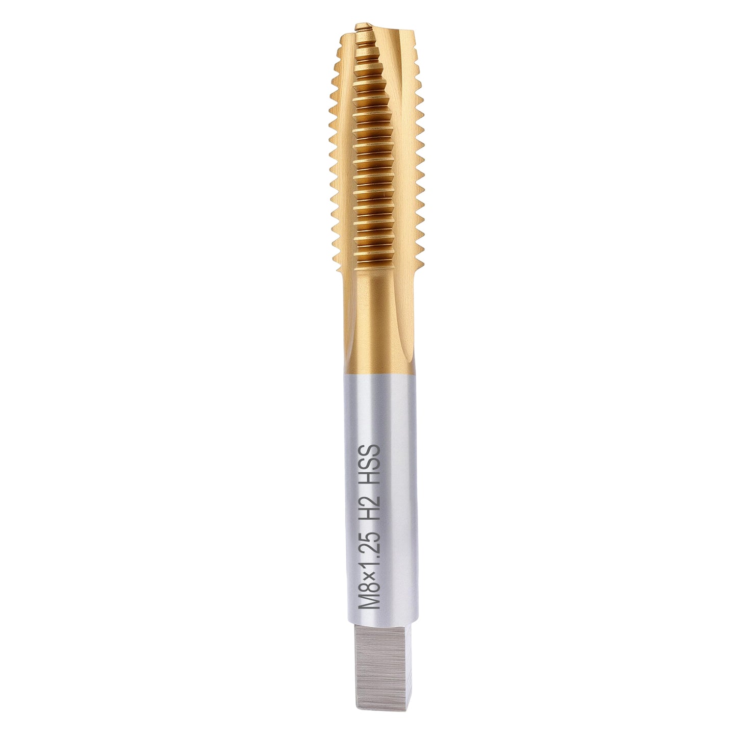 Gold and silver metal drill bit on a white background