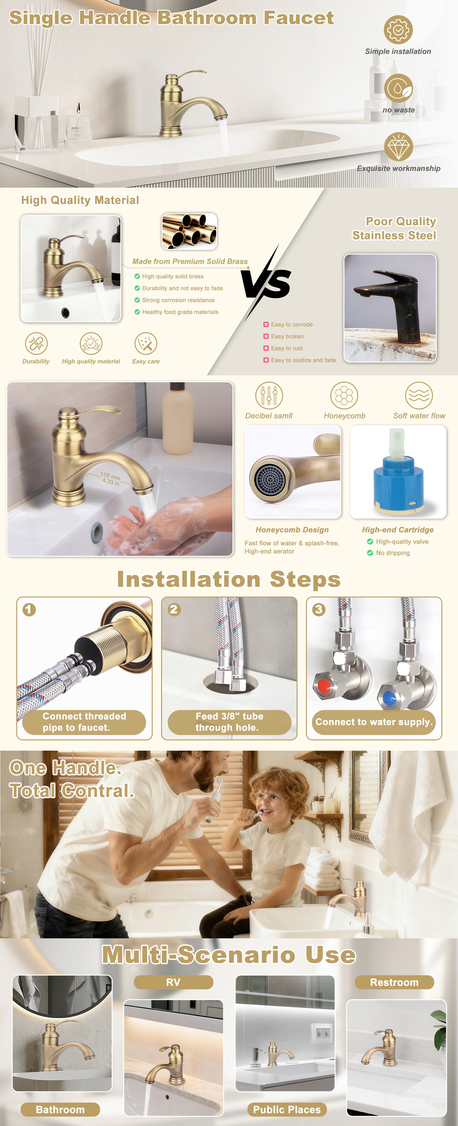 Comparison chart of single handle bathroom faucets with installation steps and multi-scenario use examples.