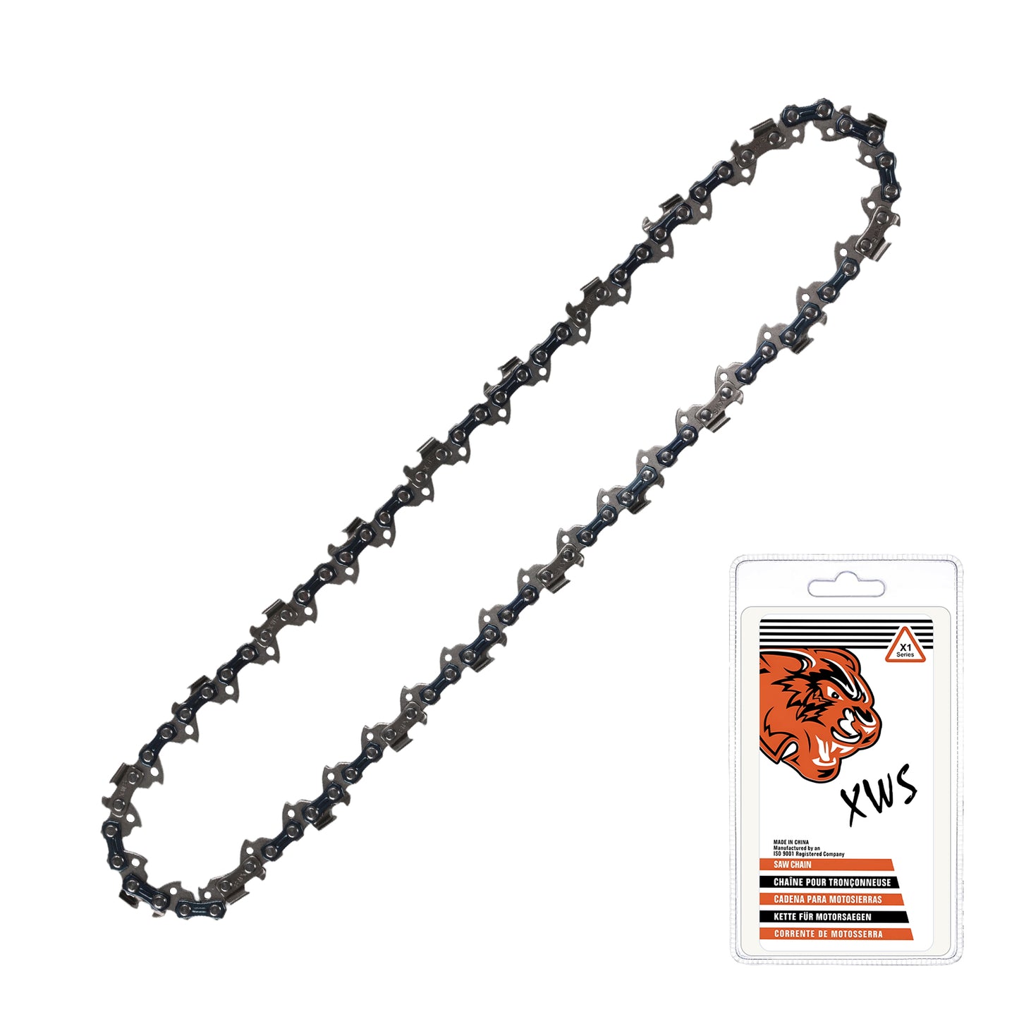 A black metal chainsaw chain shown diagonally on a white background, next to its retail packaging card featuring an orange tiger logo and the text 'XWS'.