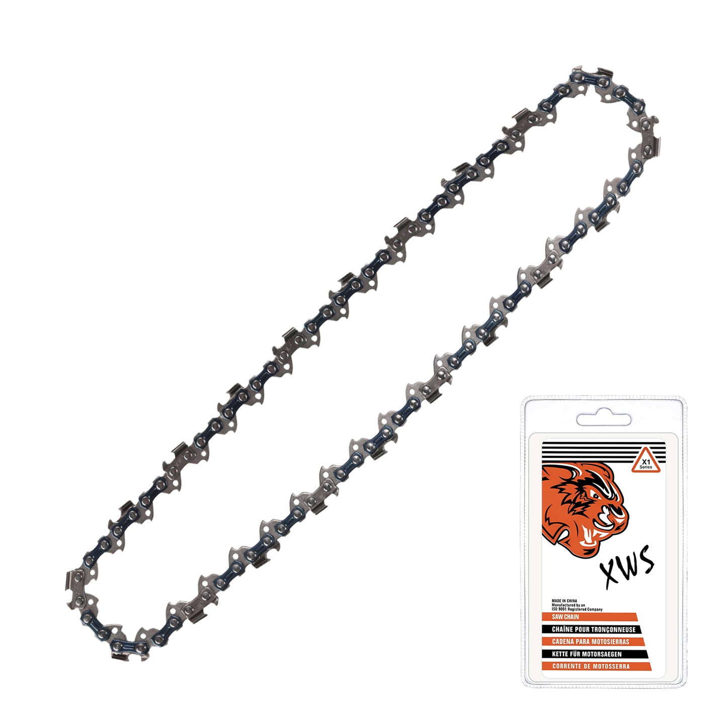 A dark gray metal chainsaw chain shown diagonally next to its retail packaging card, which features an orange tiger logo and the text 'XWS'.