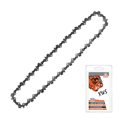 A dark gray metal chainsaw chain shown diagonally next to its retail packaging card, which features an orange tiger logo and the text 'XWS'.