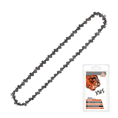 A black and silver chainsaw chain displayed diagonally next to its retail packaging card on a plain white background.