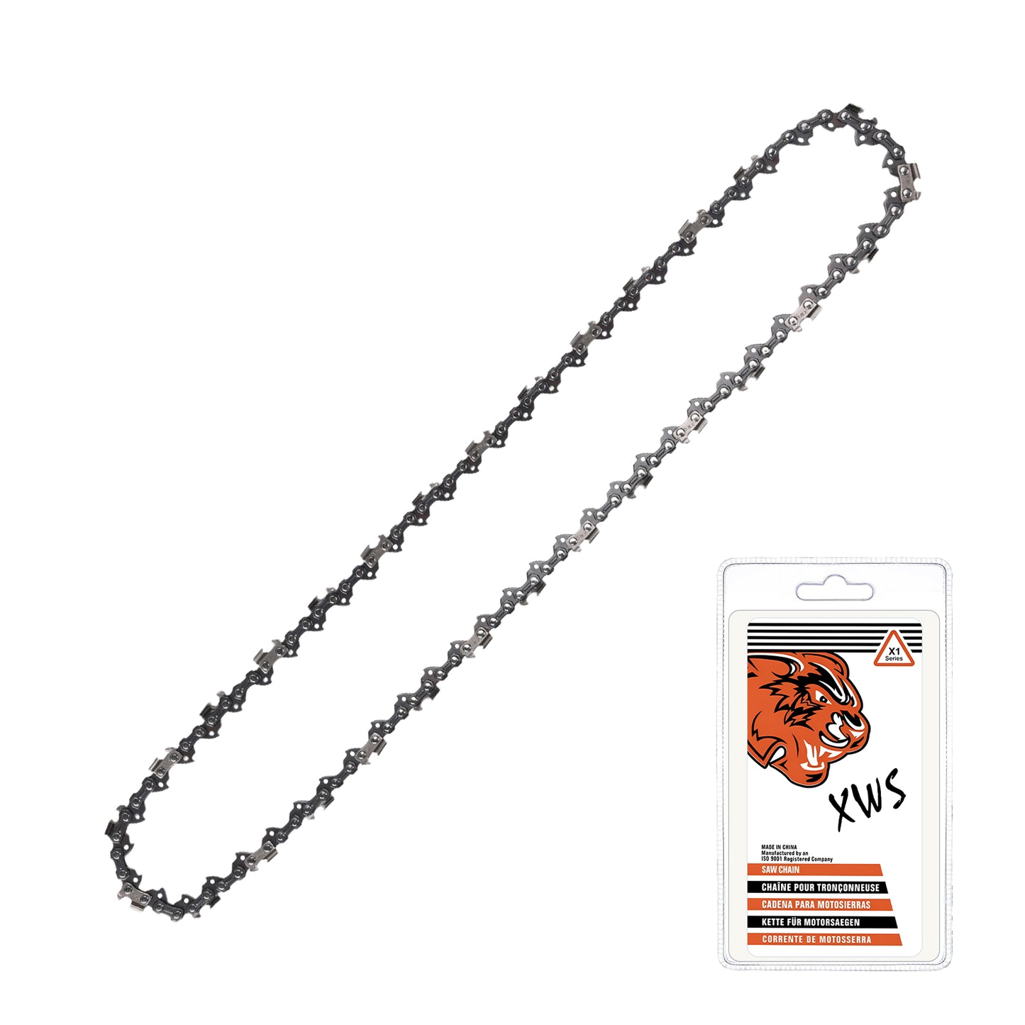 A dark gray metal chainsaw chain shown coiled diagonally next to its retail packaging card, which features an orange tiger logo and the brand name 'XWS'.