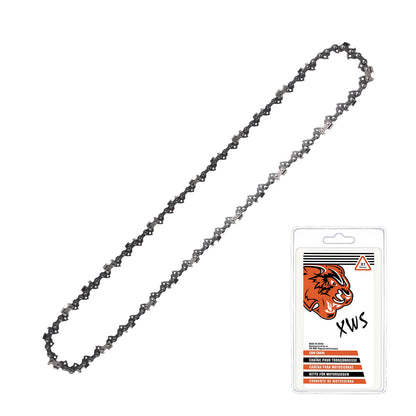 A dark gray metal chainsaw chain shown coiled diagonally next to its retail packaging card, which features an orange tiger logo and the brand name 'XWS'.