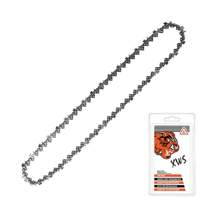 A silver metal chainsaw chain shown diagonally on a white background, next to its retail packaging card featuring an orange tiger logo and the text 'XWS'.