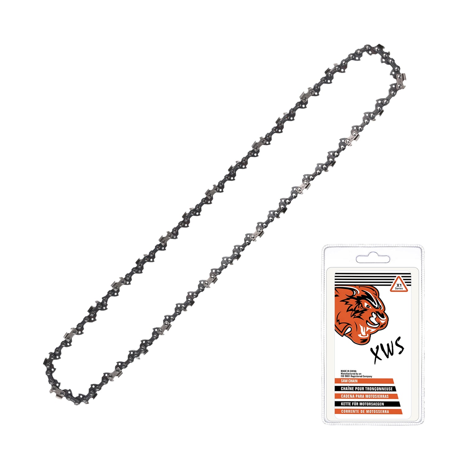 A dark gray metal chainsaw chain shown diagonally on a white background, next to its retail blister packaging card featuring an orange tiger logo and the text 'XWS'.