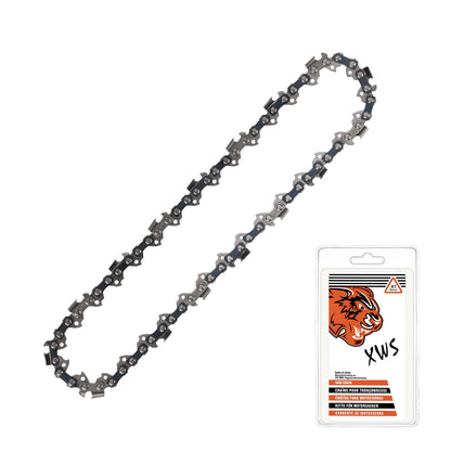 A silver and black chainsaw chain displayed diagonally next to its retail packaging card, which features an orange tiger logo and the brand name 'XWS'.