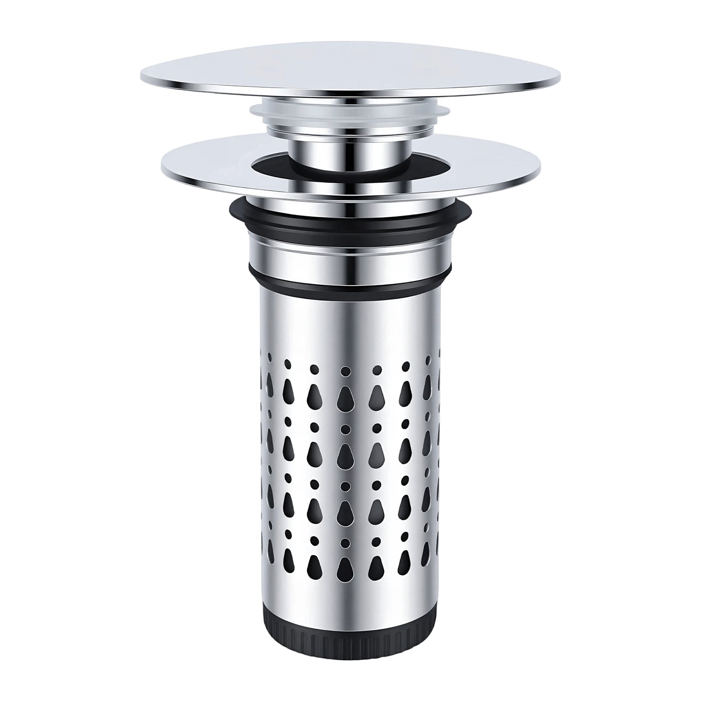 A polished stainless steel kitchen sink drain assembly with a perforated cylindrical filter body, circular strainer plates, and black rubber gaskets, shown on a plain white background.