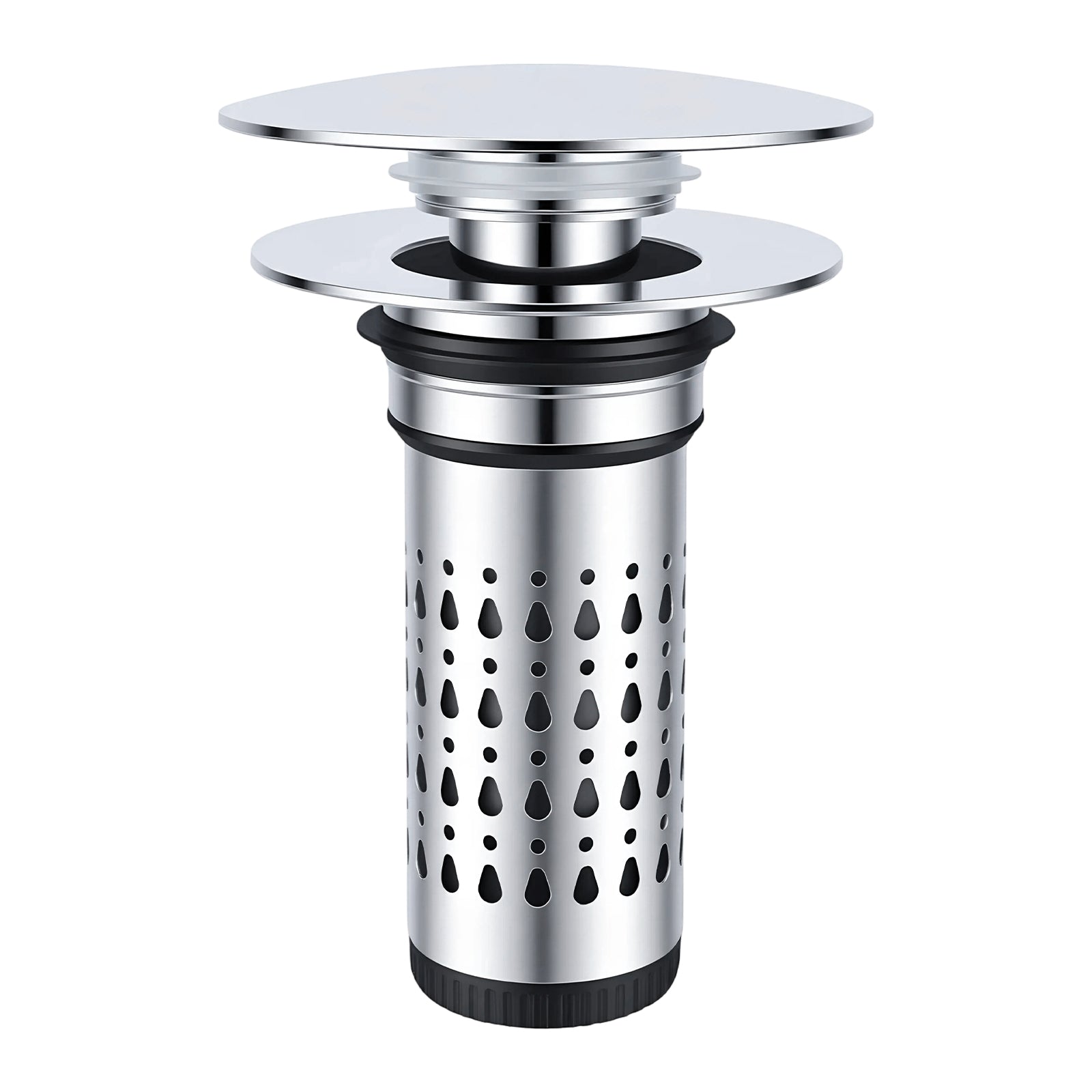 A polished stainless steel kitchen sink drain assembly with a perforated cylindrical filter body, circular strainer plates, and black rubber gaskets, shown on a plain white background.