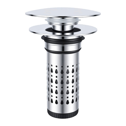 A polished stainless steel kitchen sink drain assembly with a perforated cylindrical filter body, circular strainer plates, and black rubber gaskets, shown on a plain white background.
