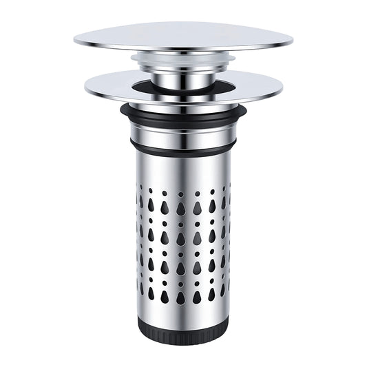 A polished stainless steel kitchen sink drain assembly with a perforated cylindrical filter body, circular strainer plates, and black rubber gaskets, shown on a plain white background.