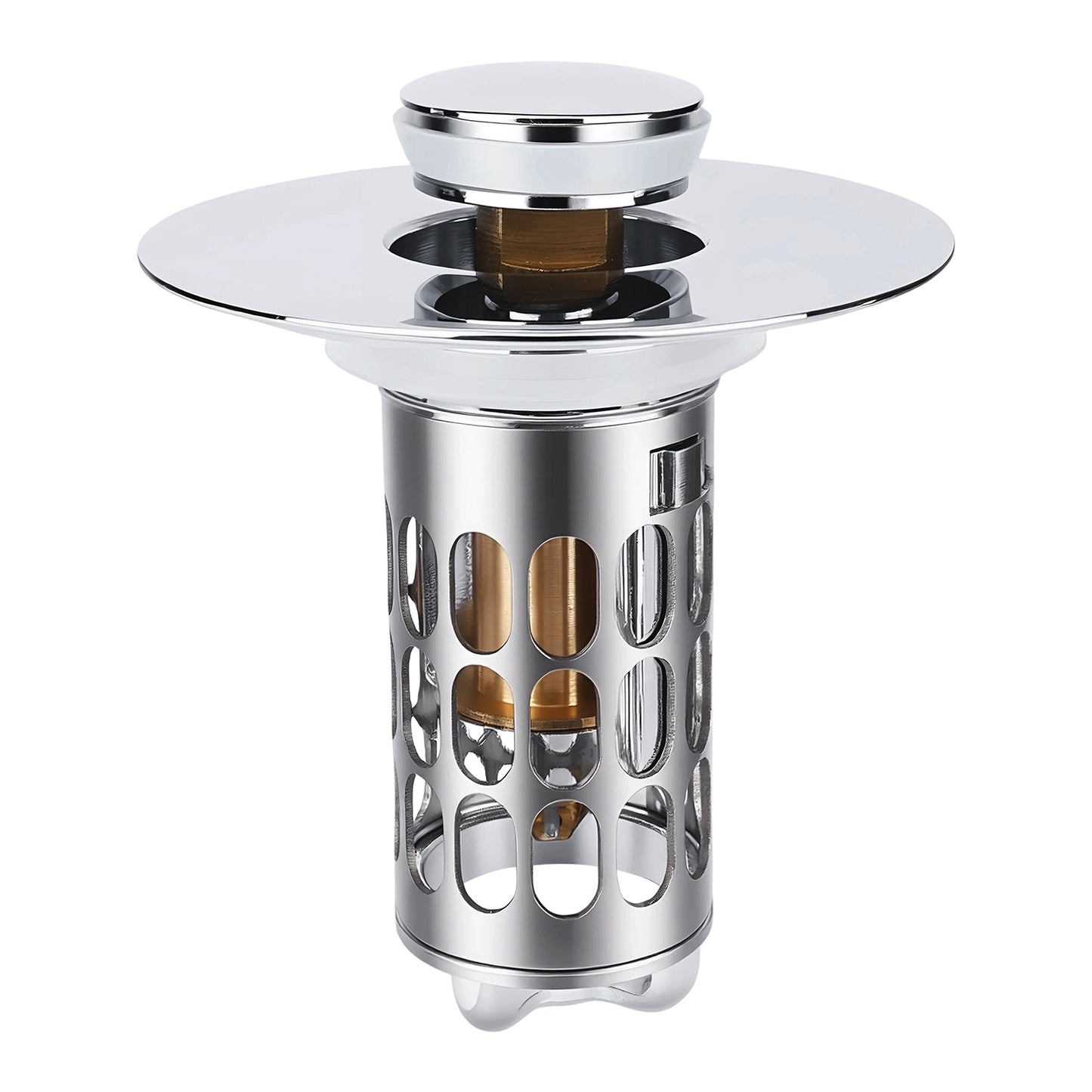 A polished stainless steel kitchen sink drain stopper with a wide circular flange and a cylindrical filter basket, shown on a plain white background.