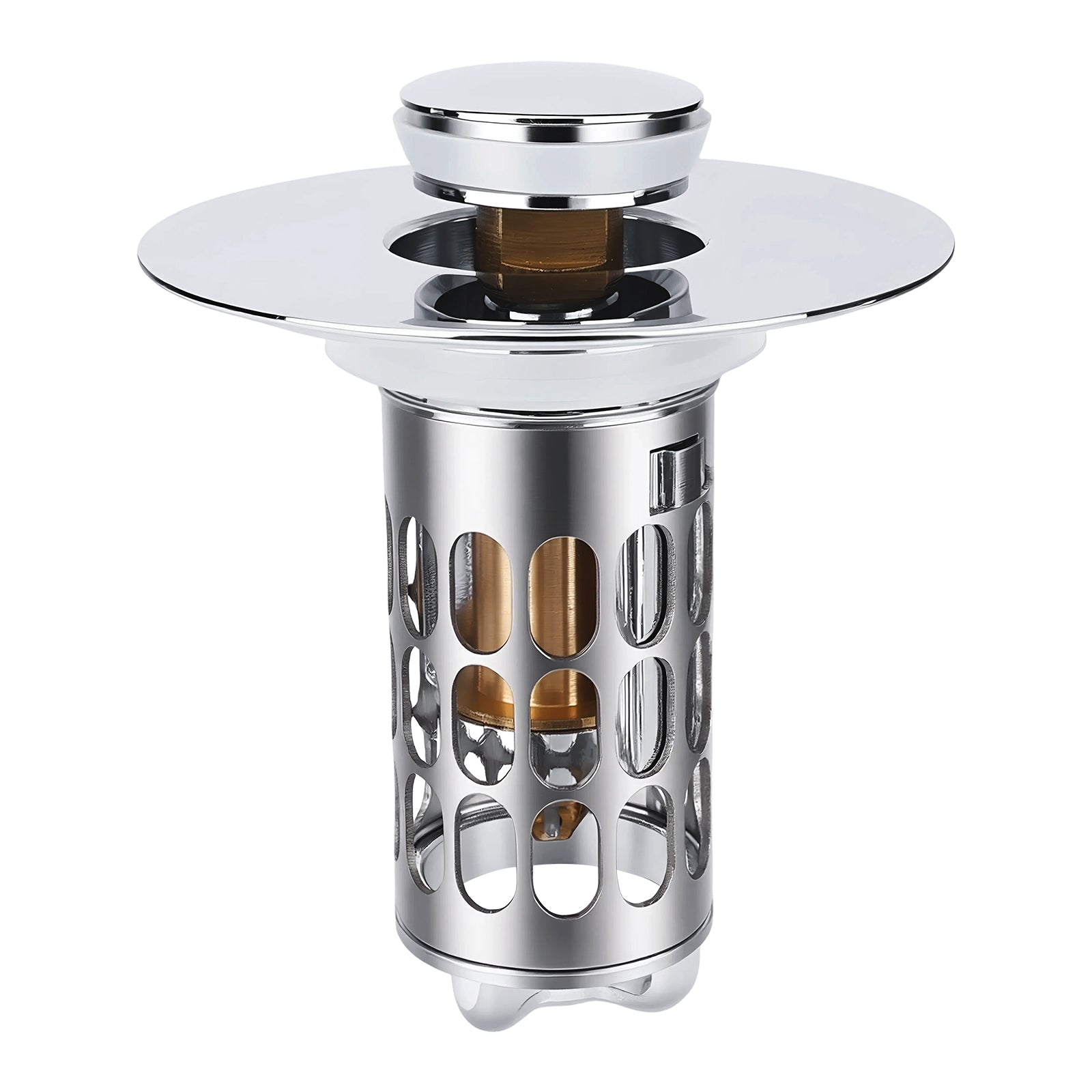 A polished stainless steel kitchen sink drain stopper with a wide circular flange and a cylindrical filter basket, shown on a plain white background.