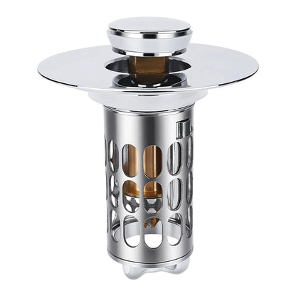 A polished stainless steel kitchen sink drain stopper with a wide circular flange and a cylindrical filter basket, shown on a plain white background.
