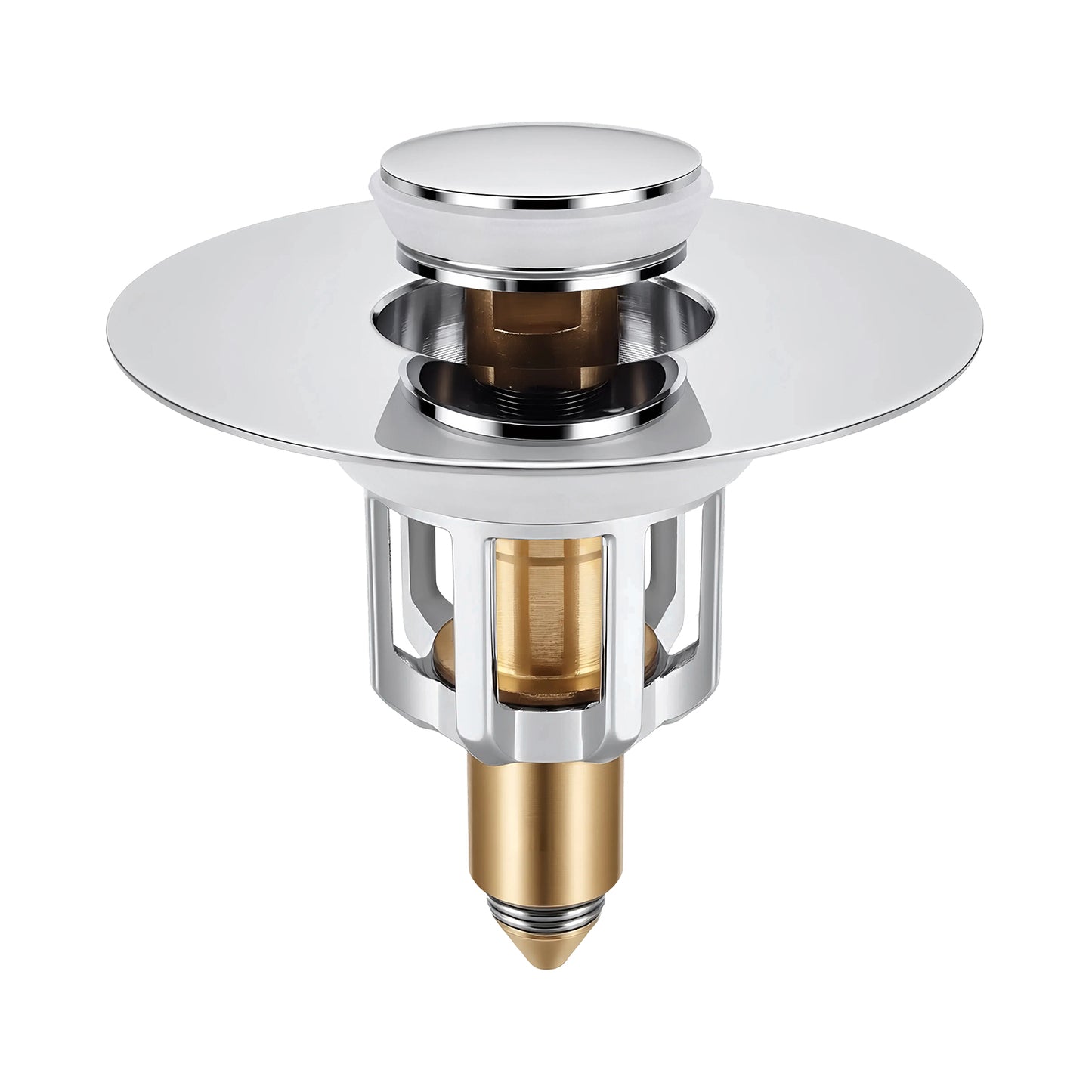 A polished chrome and brass kitchen sink drain stopper with a circular flange and a tapered brass screw base, shown on a plain white background.