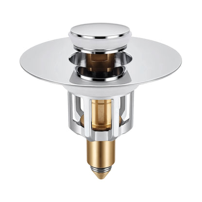 A polished chrome and brass kitchen sink drain stopper with a circular flange and a tapered brass screw base, shown on a plain white background.