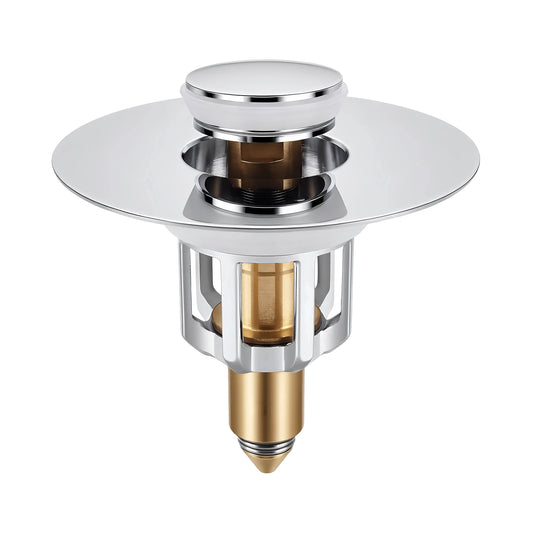 A polished chrome and brass kitchen sink drain stopper with a circular flange and a tapered brass screw base, shown on a plain white background.