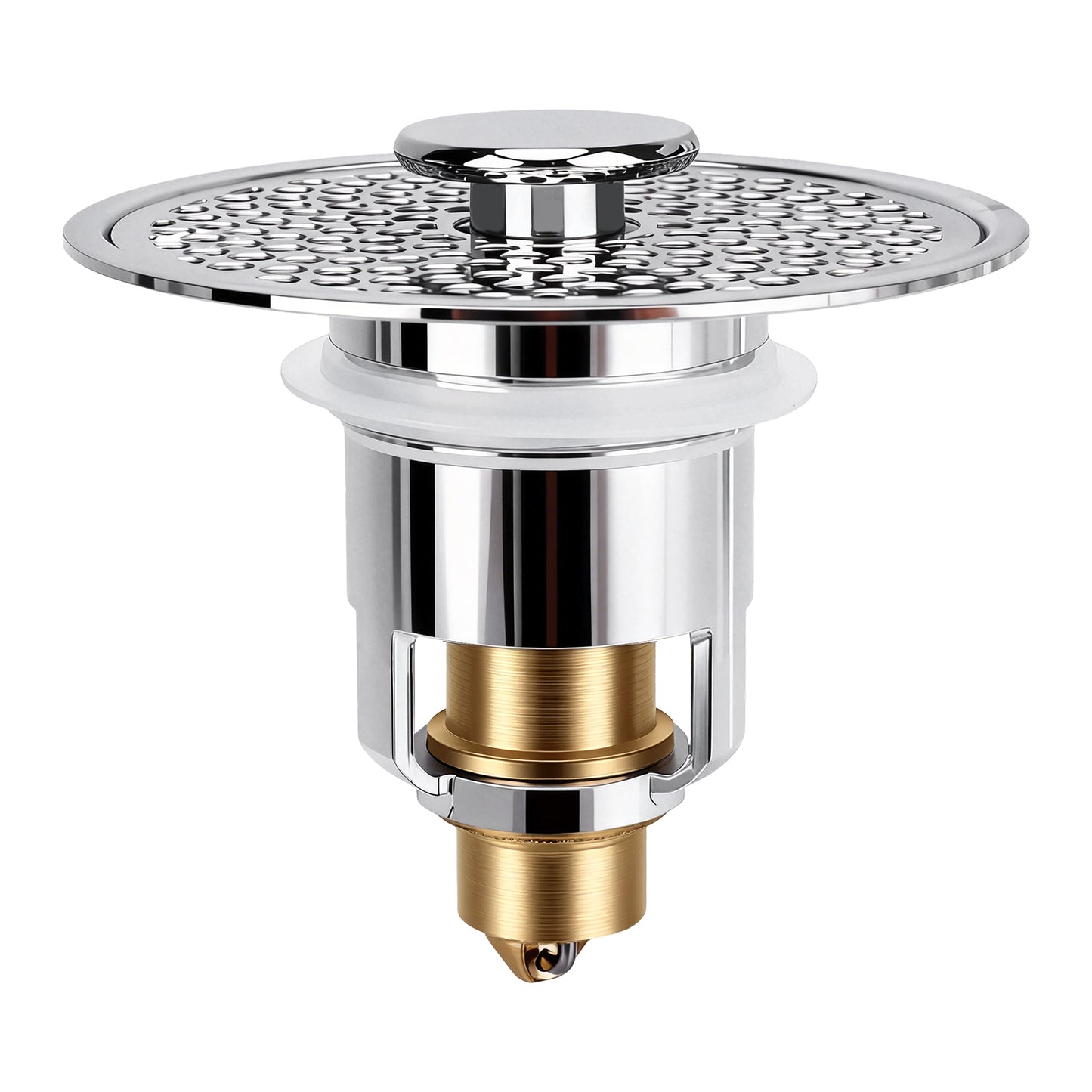 A polished chrome kitchen sink drain assembly with a gold-toned bottom valve, shown on a plain white background.