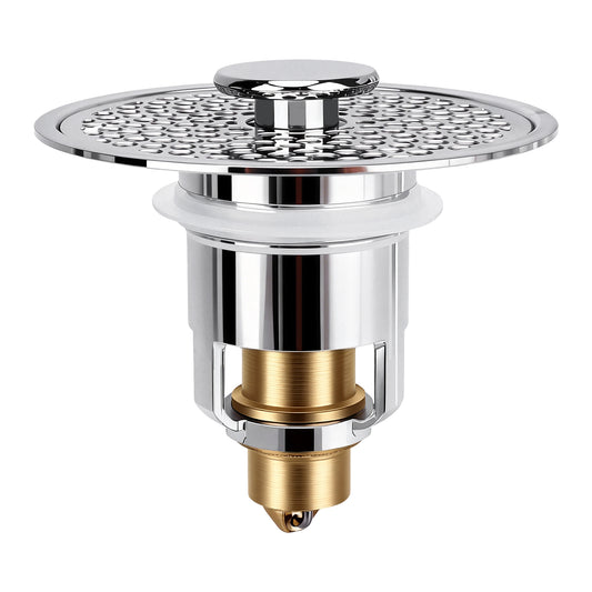 A polished chrome kitchen sink drain assembly with a gold-toned bottom valve, shown on a plain white background.