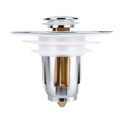A modern kitchen sink drain stopper with a polished chrome metal body, a brushed brass accent, and translucent white silicone gaskets, shown on a solid white background.