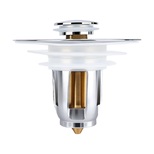 A modern kitchen sink drain stopper with a polished chrome metal body, a brushed brass accent, and translucent white silicone gaskets, shown on a solid white background.