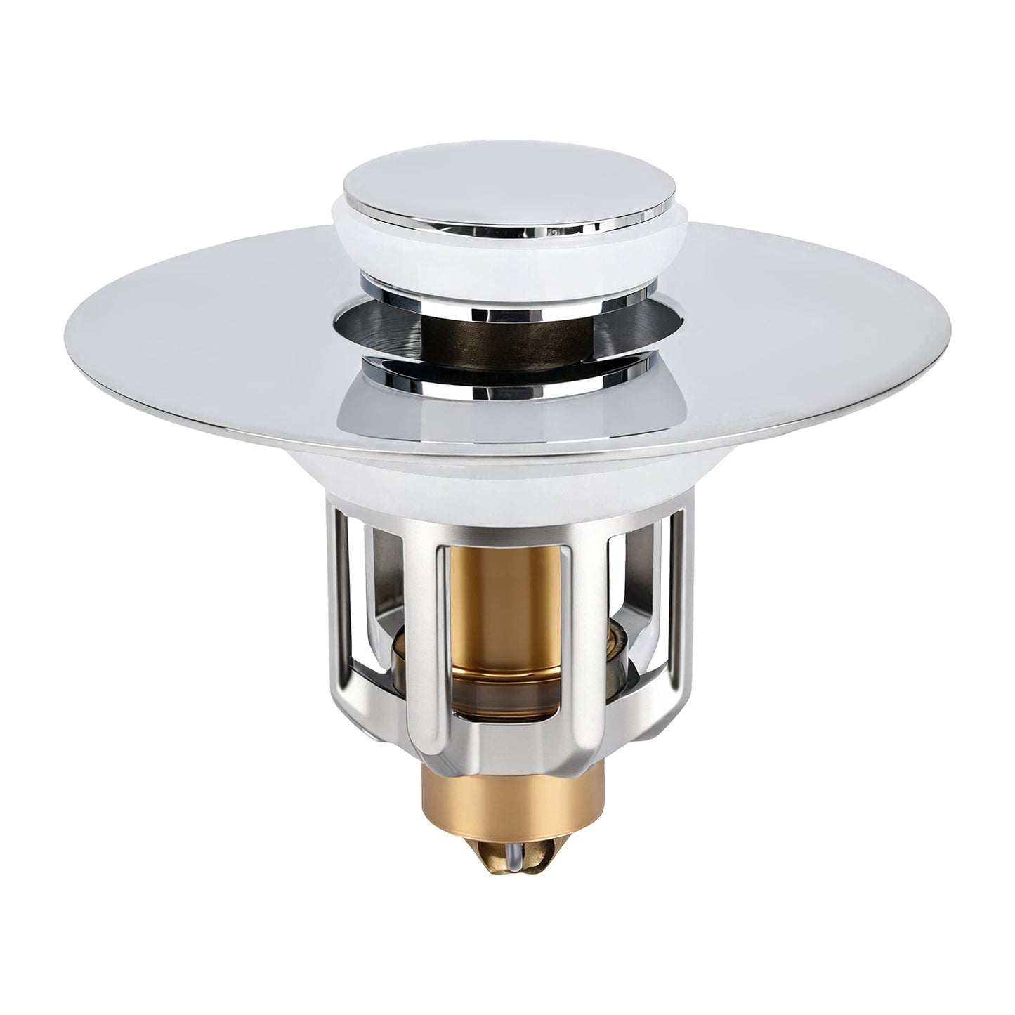A polished chrome and brass kitchen sink drain stopper with a wide circular flange, shown on a plain white background.