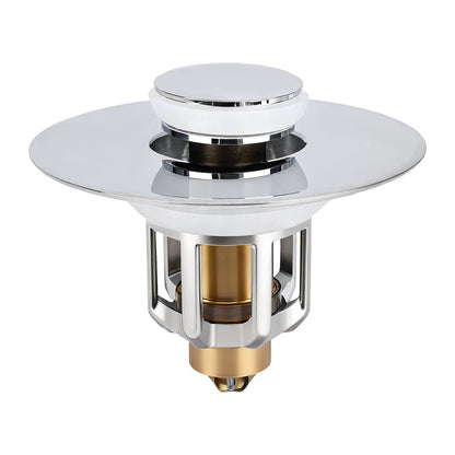 A polished chrome and brass kitchen sink drain stopper with a wide circular flange, shown on a plain white background.