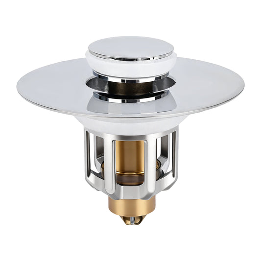 A polished chrome and brass kitchen sink drain stopper with a wide circular flange, shown on a plain white background.