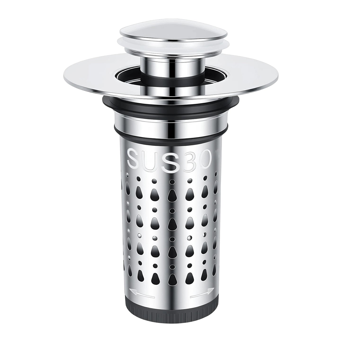 A stainless steel kitchen sink drain filter with a perforated cylindrical body, a flared top plate, and a small pop-up lid, shown on a plain white background.