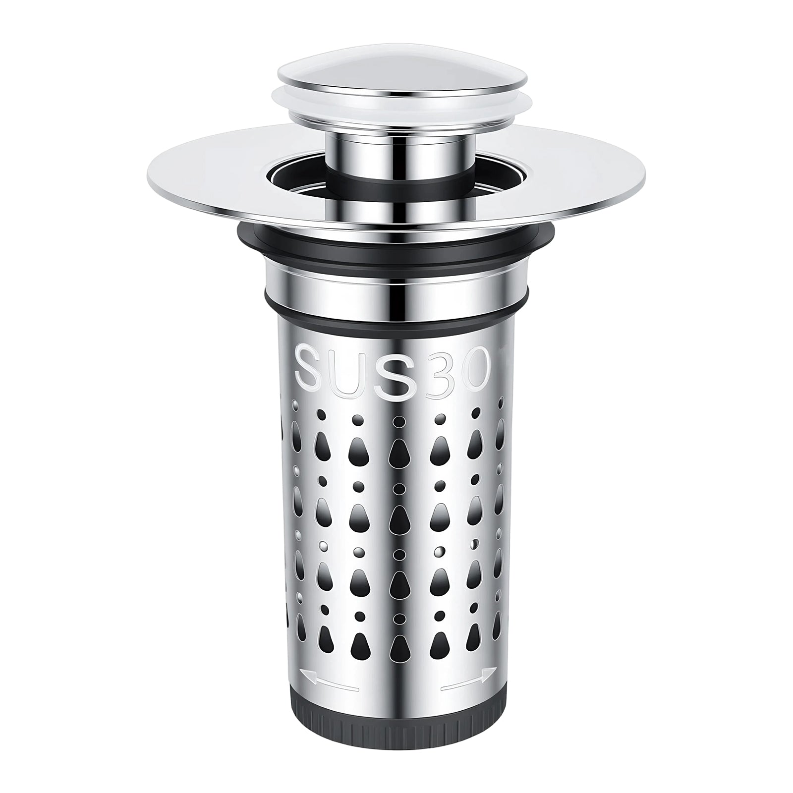 A stainless steel kitchen sink drain filter with a perforated cylindrical body, a flared top plate, and a small pop-up lid, shown on a plain white background.