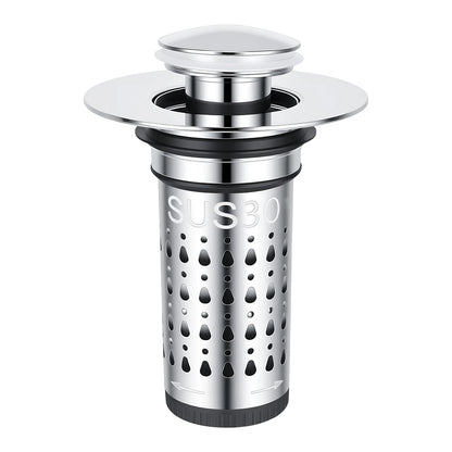 A stainless steel kitchen sink drain filter with a perforated cylindrical body, a flared top plate, and a small pop-up lid, shown on a plain white background.
