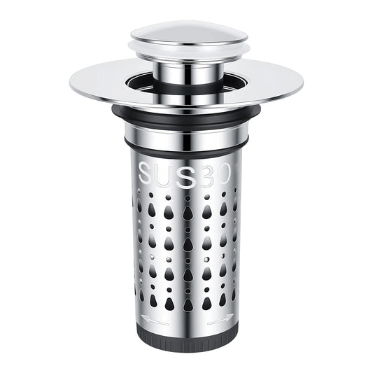 A stainless steel kitchen sink drain filter with a perforated cylindrical body, a flared top plate, and a small pop-up lid, shown on a plain white background.